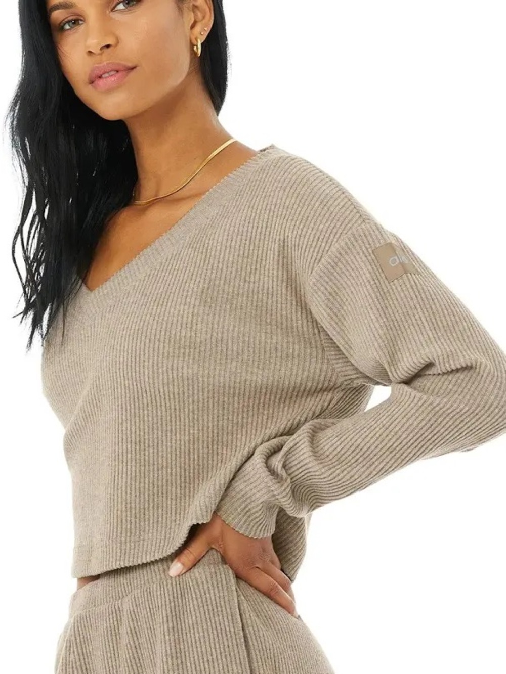 Alo Yoga Women's Muse Ribbed V Neck Pullover in Gravel Heather - Size XSmall